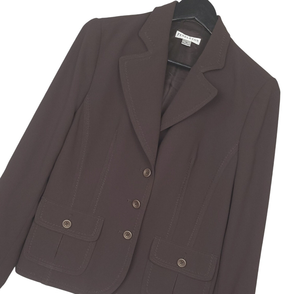 Pendleton Womens Blazer Jacket Sz 10 Three Button Polyester Two Pocket Brown EUC
